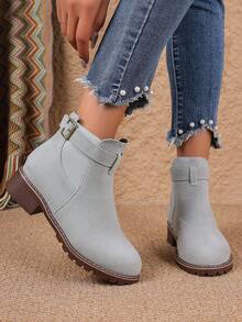 女式经典踝靴切尔西靴，配松紧带和带扣带，秋冬款 - 灰色 - 查看 3