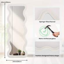 Melodieux Full Length Mirror 63"X 24" Irregular Wavy Full Body Mirror Wall Mounted Floor Mirror With Stand Ivory Flannel Wrapped Wooden Frame Leaning Hanging Wall Mirror For Bedroom Entrance - 矩形大波浪 - 查看 3