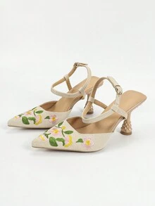 女士刺绣尖头踝带凉鞋，优雅细高跟派对和休闲装高跟鞋，春/秋 - 杏色 - 查看 7