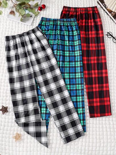 3 Pieces Of Tween Boy Christmas Casual Plaid Straight Tube Loose, Soft And Comfortable Thin Pants, Suitable For Children's Clothing In Spring, Autumn And Summer, With Comfortable Fabric