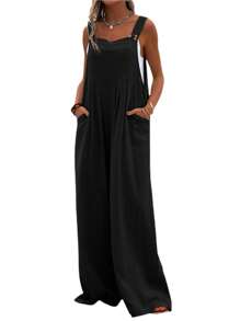 Womens Fashion Solid Color Jumpsuit Casual Button Wide Leg Suspender Overalls With Pockets