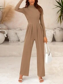 Women's Romper Casual Fall Fashion Piece Long Sleeve High Neck Wide Leg Romper - 駝色 - 查看 4