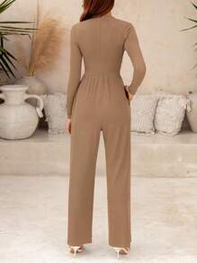 Women's Romper Casual Fall Fashion Piece Long Sleeve High Neck Wide Leg Romper - 駝色 - 查看 6