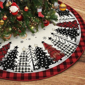 48 英寸/122 厘米红色和黑色水牛格子圣诞树裙配雪花，适合场景装饰、室内/室外、节日派对、圣诞装饰、家居和办公室装饰