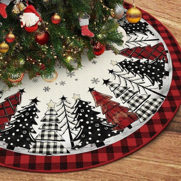 48in/122cm Red & Black Buffalo Check Christmas Tree Skirt With Snow Flakes, Suitable For Scene Decoration, Indoor/Outdoor, Holiday Party, Christmas Decoration, Home & Office Decor