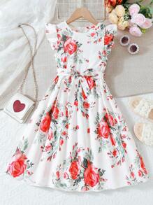 2 件套青少年女孩休闲优雅牡丹花卉印花夏季连衣裙 - 紅色 - 查看 3