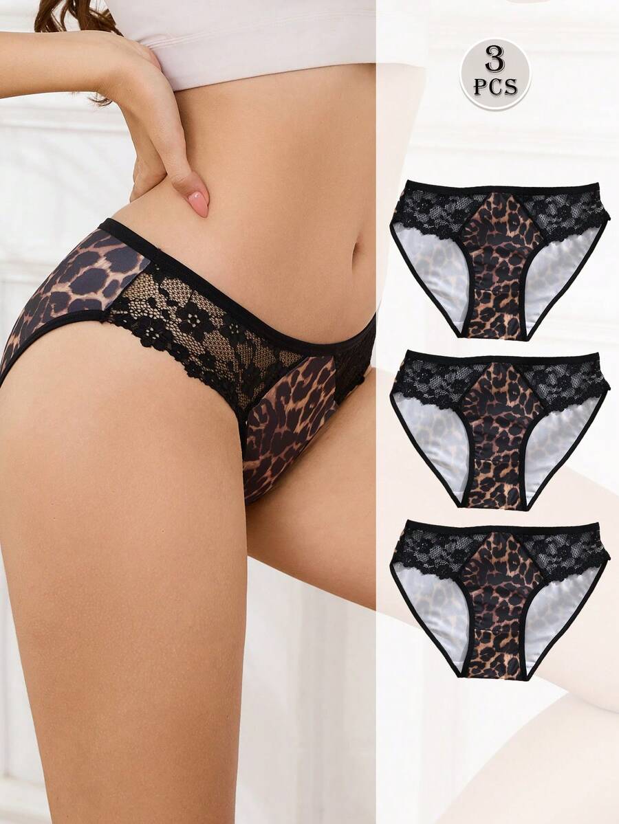 3 Quần lót lưng thấp gợi cảm họa tiết da báo phối ren Quần lót thể thao thoải mái và thoáng khí - Nhiều màu - Xem 1