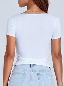 Women T-Shirt, Low-Cut Short Sleeve Pleated Solid Slim Fit Summer Tops For Casual Daily - 白色 - 查看 7