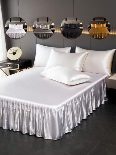 1件缎面床裙，纯色亲肤透气床裙，奢华柔软荷叶边丝绸床裙（不含枕套），包边防尘裙摆，适用于单人床、双人床、大号床、特大号床，可机洗