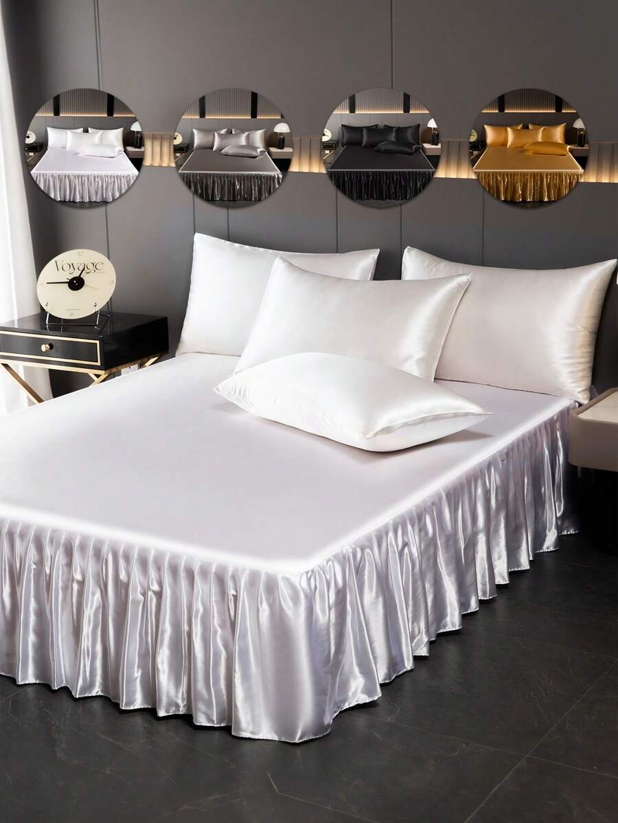 1件缎面床裙，纯色亲肤透气床裙，奢华柔软荷叶边丝绸床裙（不含枕套），包边防尘裙摆，适用于单人床、双人床、大号床、特大号床，可机洗 - 白色 - 查看 1