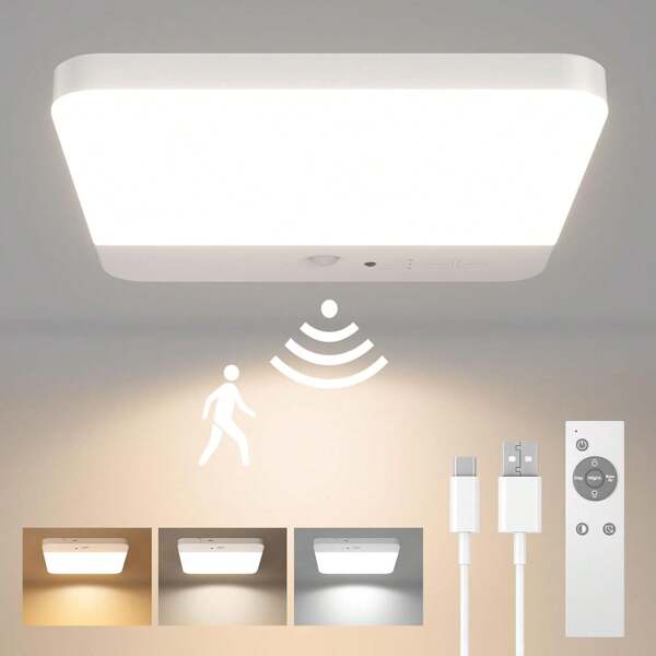 Motion Sensor Ceiling Light Fixture, Cordless Closet Light Battery Operated, Rechargeable Magnetic Mount LED Shower Light For Bathroom,Stairs,Garage,Hallway,3 Color Temperatures,Remote Control