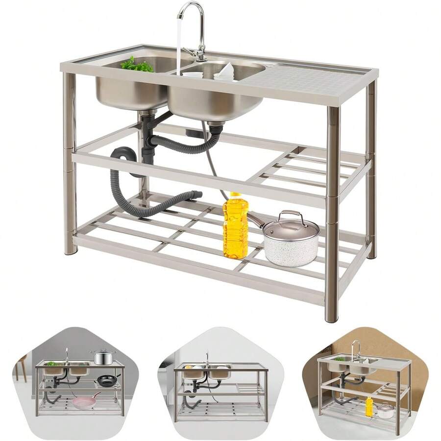 Freestanding Stainless Steel Sink Double Bowl Commercial Restaurant