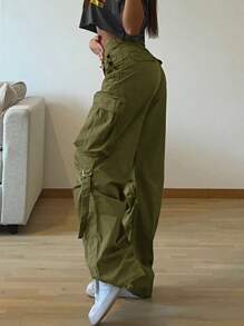 Women's Y2K Streetwear Flap Pocket Strap Detail Loose Casual Wide Leg Parachute Cargo Pants - Army Green - View 5