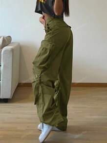 Y2K Street Flap Pocket Tape Detail Loose Casual Wear Szerokie Nogawki Spodnie cargo typu Parachute