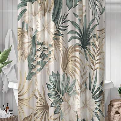 1 tấm rèm tắm in hoa màu xanh lá cây vàng bằng polyester chống thấm nước, bao gồm 12 móc, phụ kiện phòng tắm và trang trí nhà tắm, trang trí phòng tắm mùa thu, phụ kiện phòng tắm, trở lại trường học