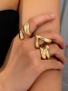 Bộ 3 chiếc nhẫn kim loại hình học bất đối xứng sang trọng cổ điển, phù hợp với phụ nữ sành điệu, phong cách đường phố, sàn diễn, trang sức dự tiệc - Nhiều màu - Xem 1