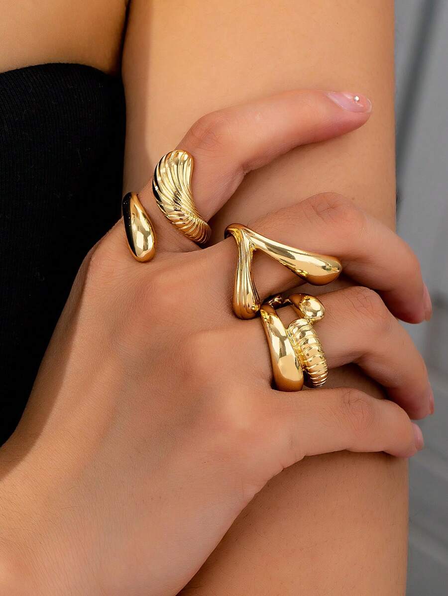 Bộ 3 chiếc nhẫn kim loại hình học bất đối xứng sang trọng cổ điển, phù hợp với phụ nữ sành điệu, phong cách đường phố, sàn diễn, trang sức dự tiệc - Nhiều màu - Xem 1