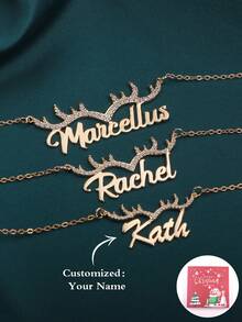 Customized English Initial Name Necklace, Antler Shape Gemstone Inlay Floral Trim Decoration, Personalized Letter Crafted, Customized Accessories, Personalized Jewelry, Gift For Mom, Personalized Christmas Ornament, Birthday Present