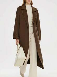 Manteau fourrure élégant haute qualité pour femme, couleur unie jusqu'aux genoux, style anglais avec ceinture. Veste d'extérieur chaude à porter en automne et hiver - Tabac - Voir 5