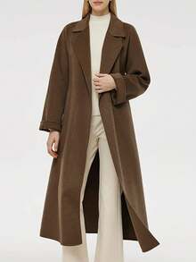 Manteau fourrure élégant haute qualité pour femme, couleur unie jusqu'aux genoux, style anglais avec ceinture. Veste d'extérieur chaude à porter en automne et hiver - Tabac - Voir 3