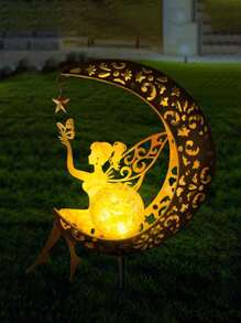 1 件花园仙女灯 - 太阳能供电铁质空心设计，带星星和月亮投影，非常适合户外草坪和庭院装饰 - 銅色 - 查看 3