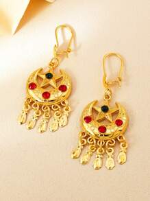 1pair Vintage Crescent Star Design Earrings Gold Tassel Colored Diamond Matching Earrings Perfect For Ladies' Daily Banquets