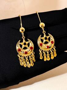 1pair Vintage Crescent Star Design Earrings Gold Tassel Colored Diamond Matching Earrings Perfect For Ladies' Daily Banquets