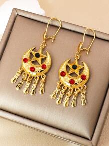 1pair Vintage Crescent Star Design Earrings Gold Tassel Colored Diamond Matching Earrings Perfect For Ladies' Daily Banquets