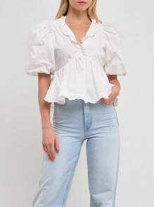 Womens Puff Sleeve Peplum Tops Frill V Neck Solid Color Loose Shirts Spring Fall Blouses - White - View 5