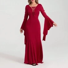 Women Halloween Vampire Costume Cut-Out Lacing Bodycon Gothic Floor Dress Cosplay Outfits - Red - View 4