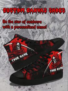 Zapatillas de lona personalizadas con nombre para mujer, diseño de esqueleto misterioso, ligeras, cómodas, de suela blanda, zapatillas altas de skate, regalo personalizado y único para mamá/papá/ella/él/novia/novio/esposa/esposo/amigo - Negro - Ver 2