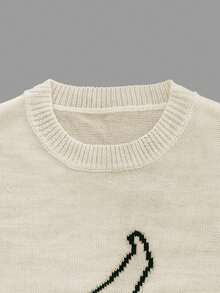 韩式休闲波西米亚风复古樱桃印花提花宽松针织套头衫上衣，秋冬 - 白色 - 查看 8