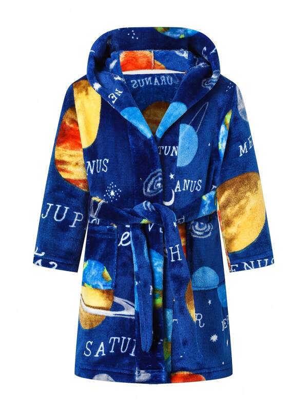 Young Boy Space Planet Printed Fleece Hooded Long Sleeve Bathrobe, Soft & Comfortable Loungewear For After Shower, Autumn/Winter