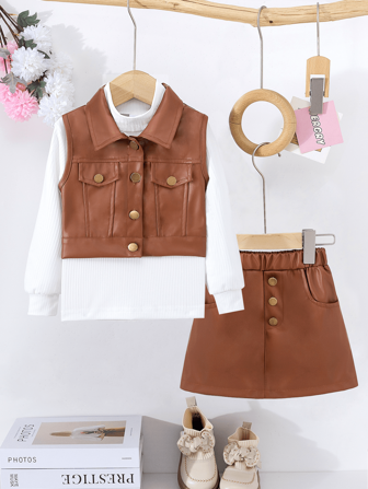 3pcs/Set Young Girl' Spring/Autumn Coffee Color PU Leather Vest Jacket, Knit White Cable Sweater, And Faux Leather Skirt