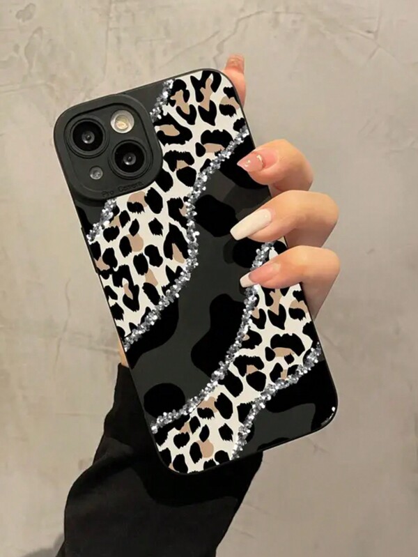 Husă pentru telefon cu bară de argint cu dungi leopard, compatibilă cu Apple 15, 14, 13, 12, 11, XS, XR, X, 7, 8 Plus, Pro Max, mini husă de protecție