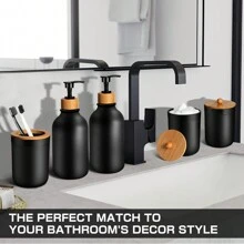 5 Pcs Black Bathroom Accessories Set With Plastic Soap Dispenser And Toothbrush Holder Set, Qtip & Cotton Ball Holder, Black Bathroom Set, Boho Bathroom Decor Bathroom Organizer Storage Back To School