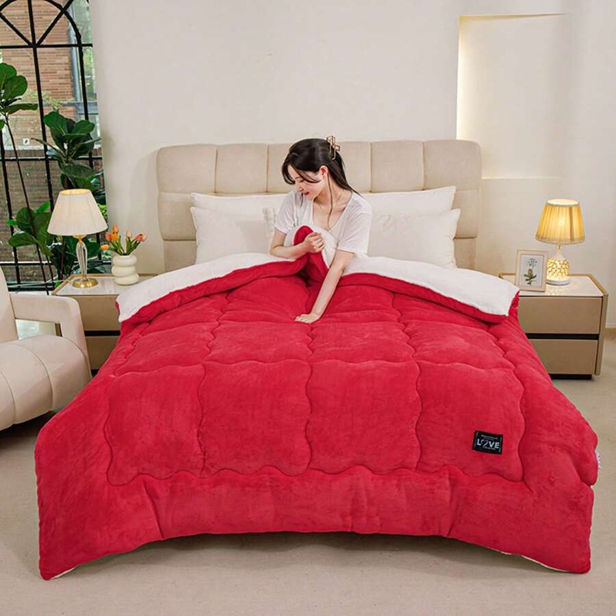 1pc Quilted New Thick Milk Velvet Patchwork Duvet Comforter Quilt - Red+White - View 1