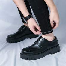 年轻男士牛津正装鞋，系带布洛克风格低帮休闲商务办公鞋，时尚厚底韩版 - 黑色 - 查看 4