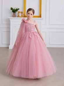 Tween Girl Bow Shoulder Lace Tulle Party Pink Dress, Elegant Princess Gown Suitable For Girls Birthday Party, Prom, Wedding, Bridesmaid, Holiday - Pink - View 2