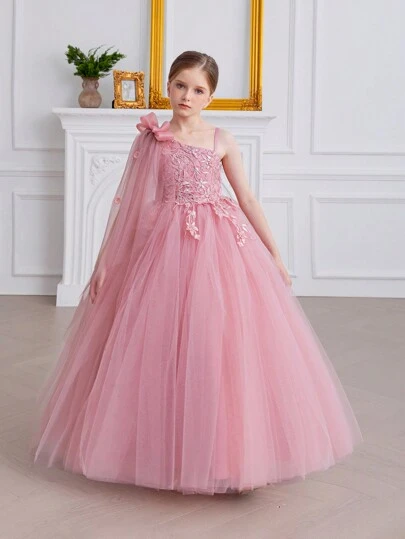 Tween Girl Bow Shoulder Lace Tulle Party Pink Dress, Elegant Princess Gown Suitable For Girls Birthday Party, Prom, Wedding, Bridesmaid, Holiday