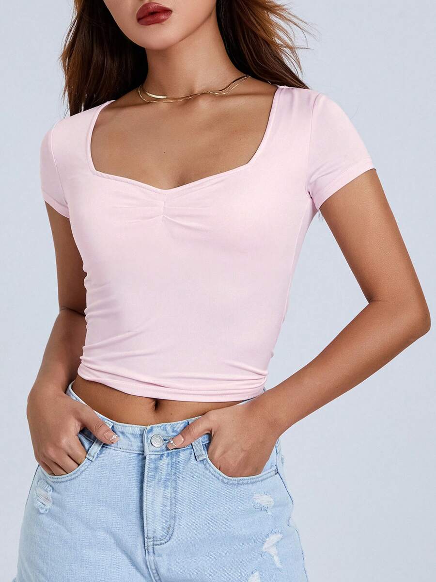 Women T-Shirt, Low-Cut Short Sleeve Pleated Solid Slim Fit Summer Tops For Casual Daily - 粉色 - 查看 1