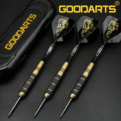  GOODARTS 3pcs/Set Professional 24g Alloy Tip Dart Set With Copper-Plated Dragon & Flame Design, Metal Darts With Plastic Case, 3 Extra Shafts, 6 Rubber O-Rings And 3 Spring Rings For Business Gift