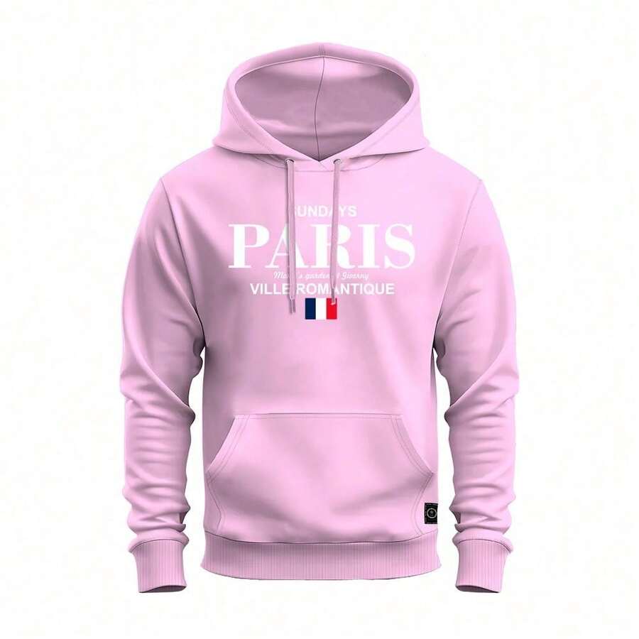 Unisex Comfortable Cotton Printed Sweatshirt Kangaroo Paris White France - 淺粉色 - 查看 1