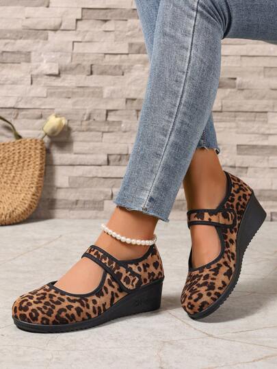 Women Fashion Casual Classic Mary Jane Shoes, Leopard Print Strap Hook And Loop Thick Wedge Platform Comfortable Round Toe Flats