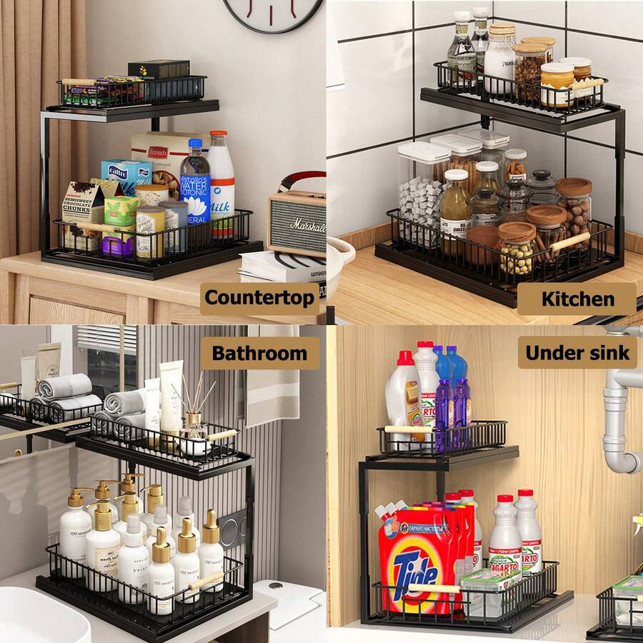 Under Sink Organizer 2 Pack, 2 Tier Slide Out Under Sink Organizers And