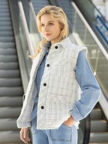 - Sleeveless Tweed Vest - Bi-Material Tweed Down Jacket - Snap Button Fastening On The Front - Patch Pockets - White - View 4