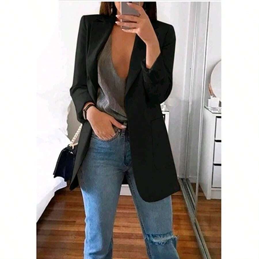 Women's Tailored Blazer Maxi Jacket Twill - 黑色 - 查看 1