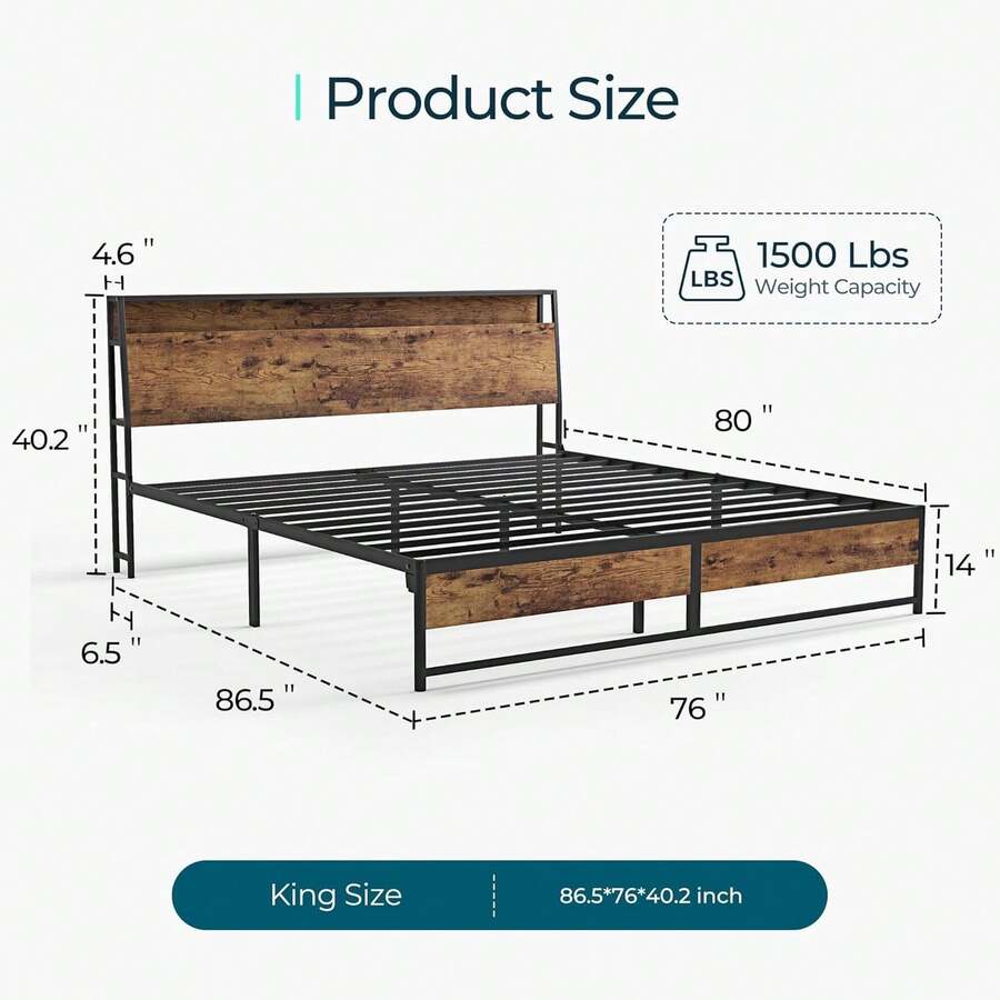 King Size Bed Frame, Ergonomic Storage Headboard With Charging Station