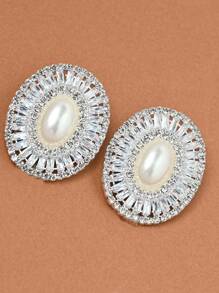 1 Pair Silver Oval Pearl & Rhinestone Decorated Clip-On Earrings, Elegant For Parties