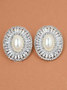 1 Pair Silver Oval Pearl & Rhinestone Decorated Clip-On Earrings, Elegant For Parties